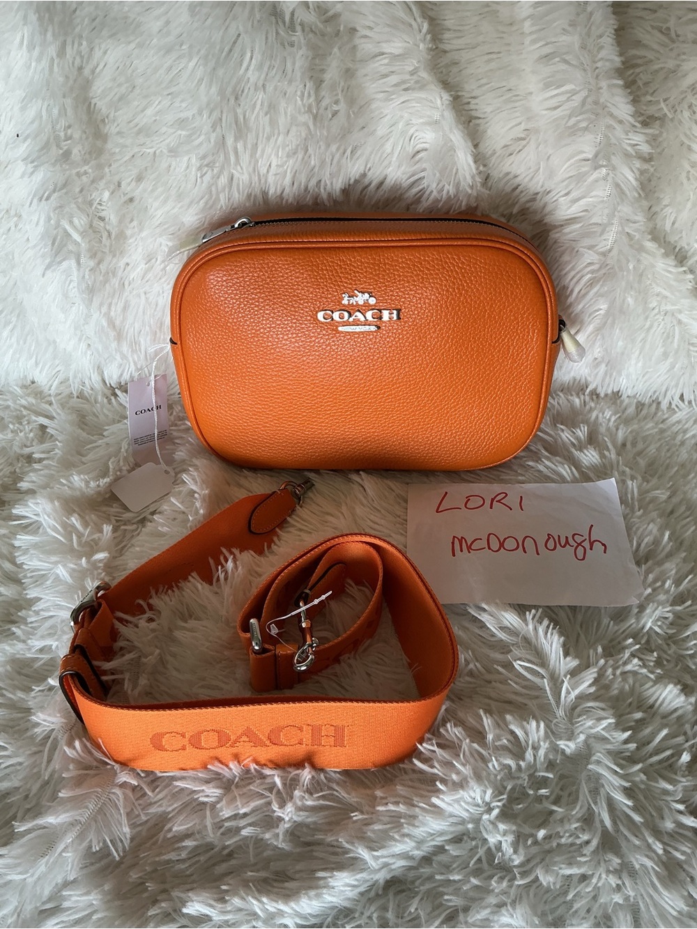 Coach Pebbled Leather Crossbody Camera Bag in Orange with Branded Strap
